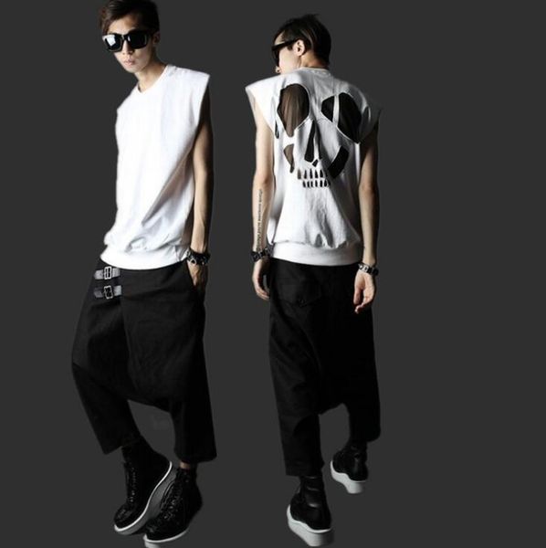

men's pants korean fashion personality trendy low-end cropped trousers street hip-hop loose harem, Black