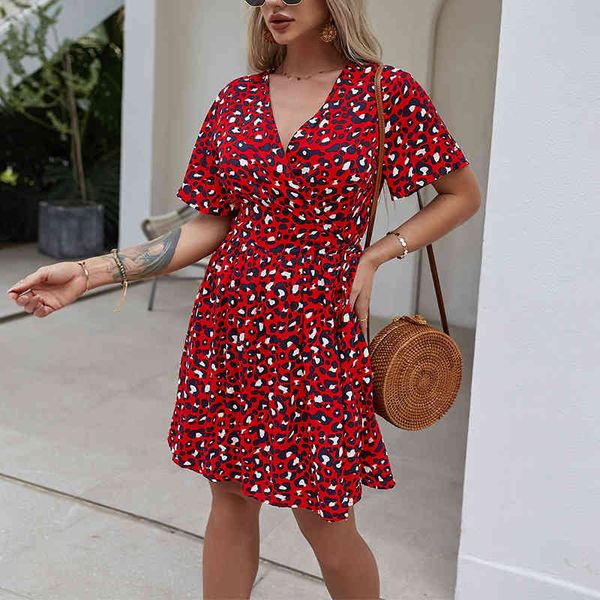 

women pleated dress summer v-neck short sleeve leopard printed bohe style casual women's a-line dresses vintage female 210524, Black;gray