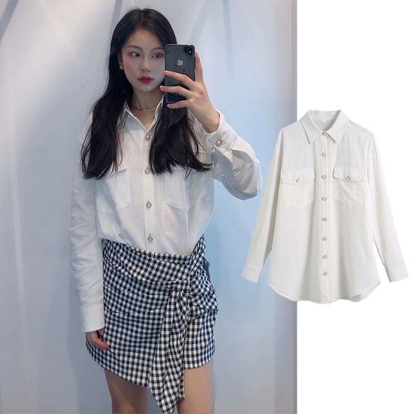 

pant female fashion pearl decoration chiffon shirt collar long top, White