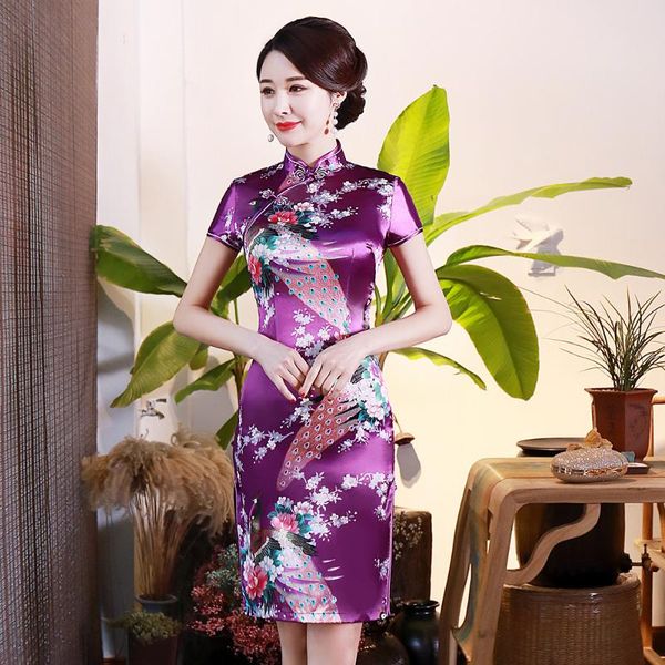 

ethnic clothing novelty purple satin lady evening dress vintage women mandarin collar qipao floral chinese cheongsam oversize 6xl vesti, Red