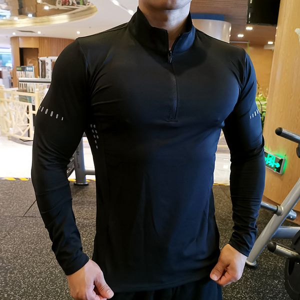 Siyah Hızlı Kuru Koşu Gömlek T-shirt Uzun Kollu Sıkıştırma Gömlek Spor Salonu Fitness Spor Bisiklet Fermuar