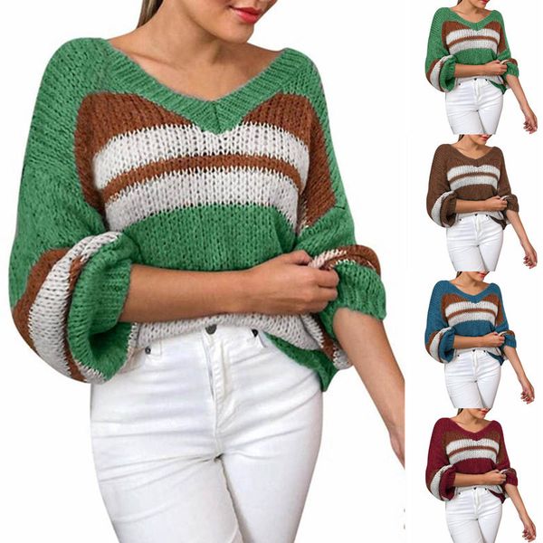 

2021 casual v-neck knit color blocked long sleeve sweater women, White;black