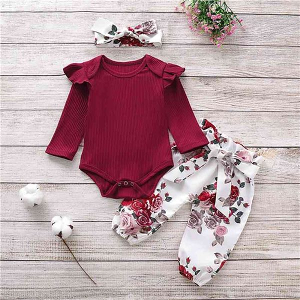 

winter children sets long sleeve o neck red solid rompers print floral bow trousers cute 2pcs girls boys clothes 0-18m 210629, White