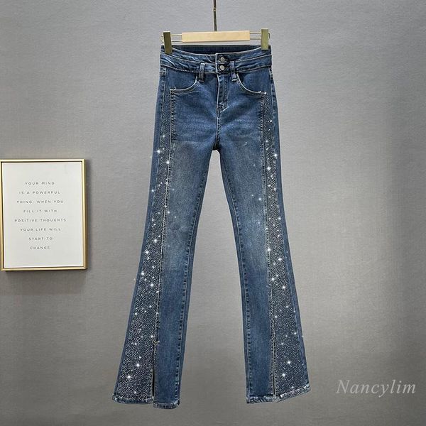 

women's jeans woman high waist fashion stretch denim pants 2021 autumn cotton elastic slim fit rhinestone split flare trousers, Blue
