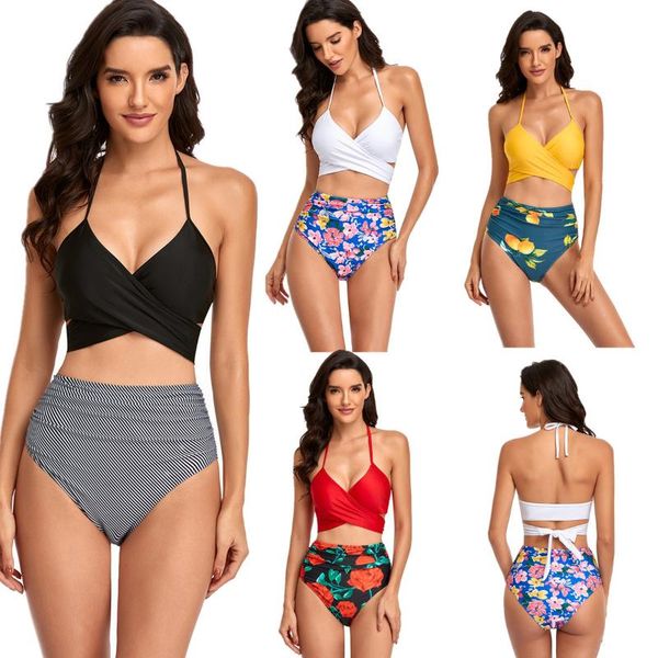 

women's swimwear swimsuit women 2021 floral bikini set bathing suit cross bandage lace up high waist swimming for, White;black