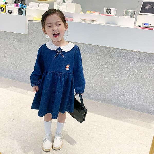 

girl's dresses girls 2021 spring kids casual cute denim dress korean cartoon doll collar baby for girl toddler clothes, Red;yellow