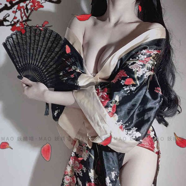 

japanese kimono lingerie cosplay outfit for women traditional style robe yukata costumes pajamas soft silk belt 3pcs set, Red;black