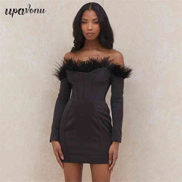 

off shoulder long sleeve feather bandage dress women's bodycon celebrity club party vestidos 210524, Black;gray