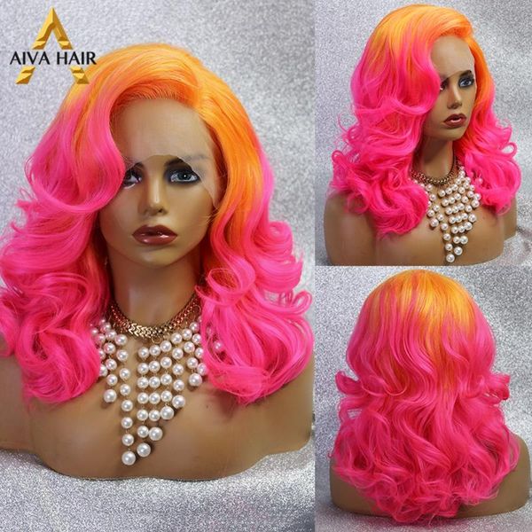 

synthetic wigs orange pink lace front wig heat resistant ombre white wavy short aiva hair cosplay for black women