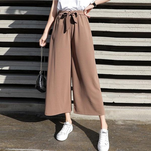 

women's pants & capris women casual office lady loose chiffon wide leg elastic high waist trousers solid pantalones mujer.w, Black;white