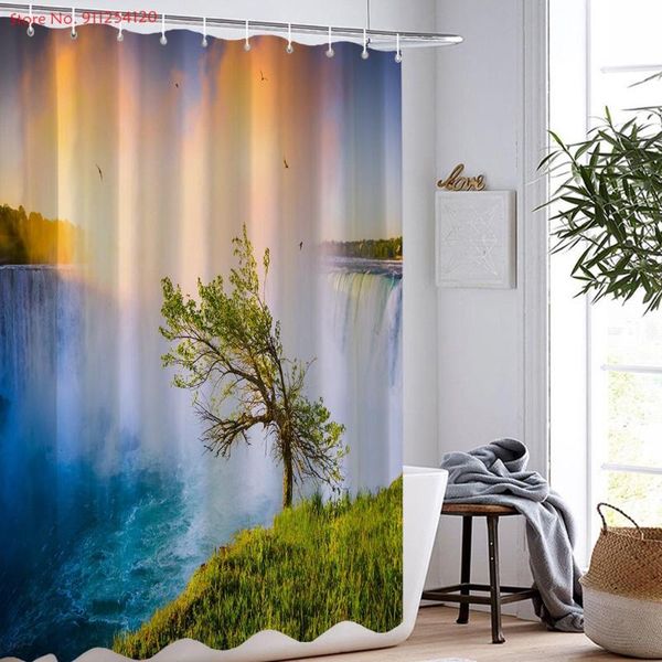 

natural scenery shower curtain with hooks waterfall mountain print view bath waterproof curtains