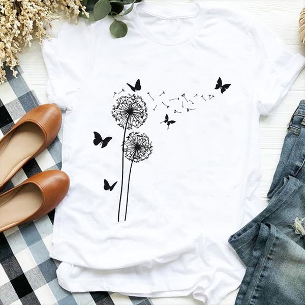 

dandelion butterfly cute 90s womens t shirt autumn print tee clothes graphic, White