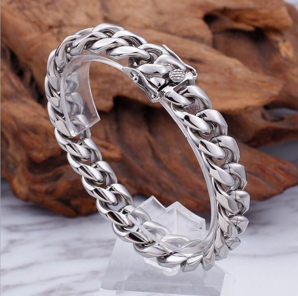 

link, chain punk rock stainless steel curb cuban dragon clasp bracelets men women miami gold hiphop biker bangles jewelry 8/10/12/14mm, Black