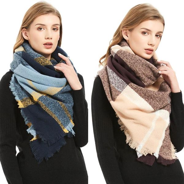 

scarves retro square plaid scarf women men autumn winter scarfs soft neck warmer blanket shawl warm long wrap, Blue;gray