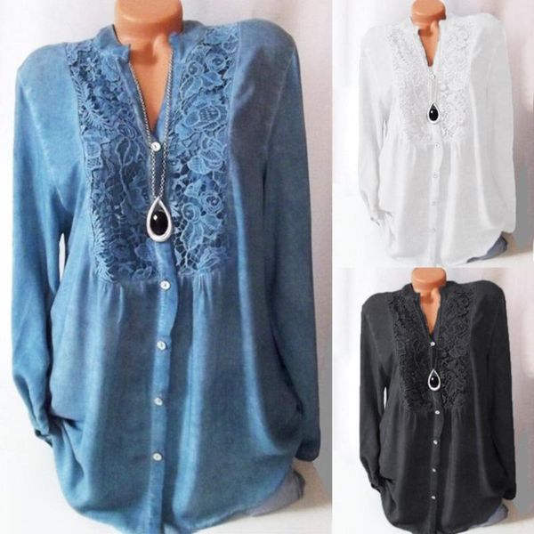 

women's blouses & shirts casual plus size women solid color lace patchwork v neck buttons long sleeve autumn winter exquisite blouse ca, White