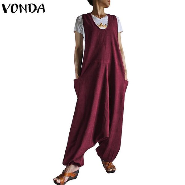 

women's jumpsuits & rompers vonda womens jumpsuit 2021 summer autumn harlan pants casual loose sleeveless playsuits pockets solid overa, Black;white