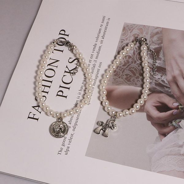 

link, chain bracelet pearl round portrait charm women wedding jewelry gift c, Black