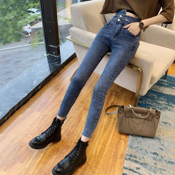 

kog727 blue irregular high waist jeans new female han edition tight stretch feet pants joker nine points pencil pants
