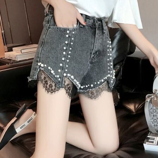 

women's 2021 spring and summer new denim high waist shorts hole korean heavy industry nail bead super wide leg pants, White;black