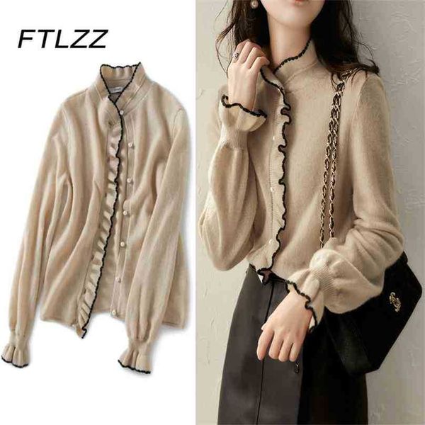 Frauen Elegante Büro Pullover Frühling Herbst Langarm Rüschen Einreiher Strickjacke Damen Button Up Gestrickte Tops 210525