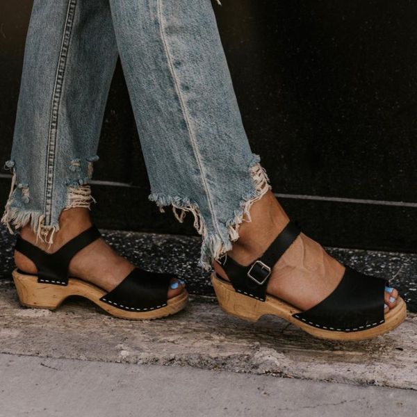 

women's solid color pu car stitching wood heel buckle simple pull-on open toe fashion casual all-match summer sandals, Black