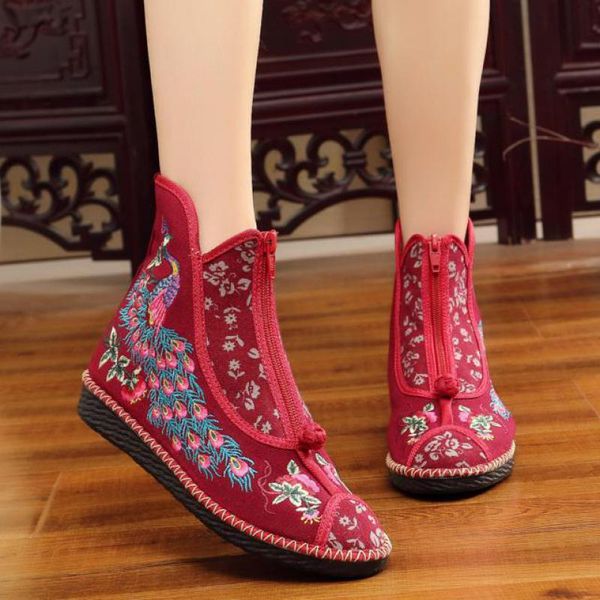 

zapatos bordados estilo tnico para mujer, calzado tela viento, planos, flores, pavo real, botines de mujer, Black