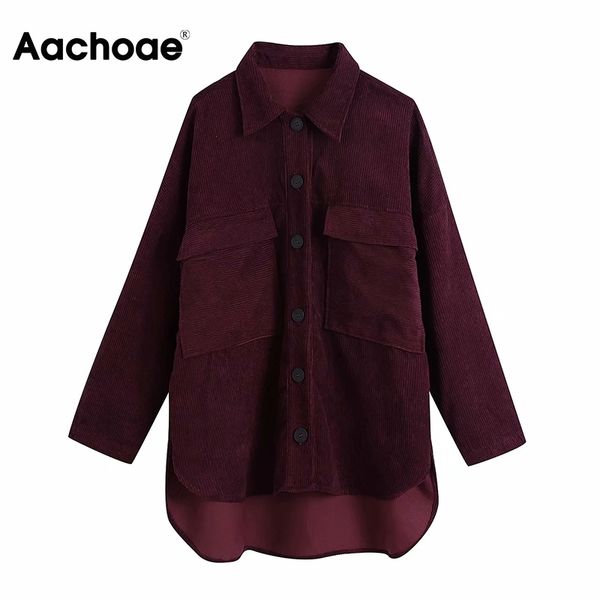 

aachoae women loose vintage corduroy jacket coat fashion batwing long sleeve pockets outerwear turn down collar solid 210413, Black;brown
