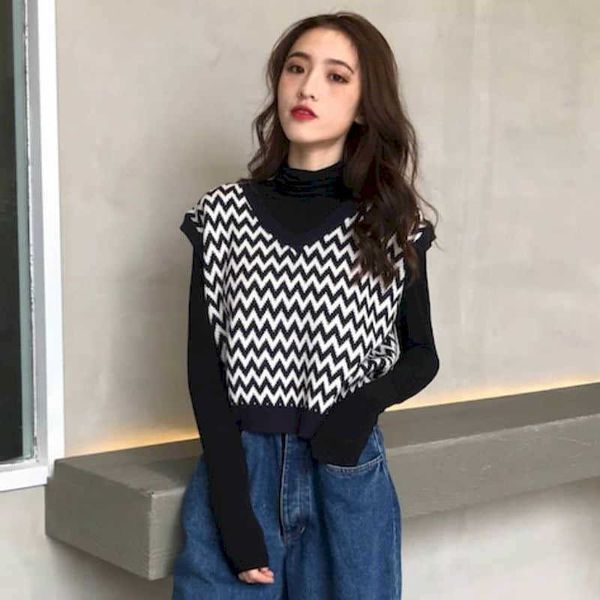 

women's knit sweater vest early autumn clothes western style loose knit sleeveless women high street 210526, Black;white