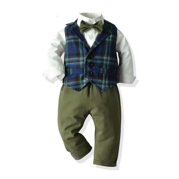 

children's autumn and winter coat suit plaid vest long sleeve bow tie shirt pants three piece set, Blue