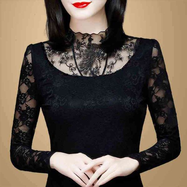 

hollow out women spring autumn style lace blouses casual long sleeve patchwork spliced turtleneck blusas df2600, White