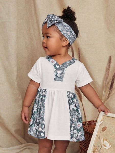 

baby paisley & floral print keyhole back dress without headband she, Red;yellow