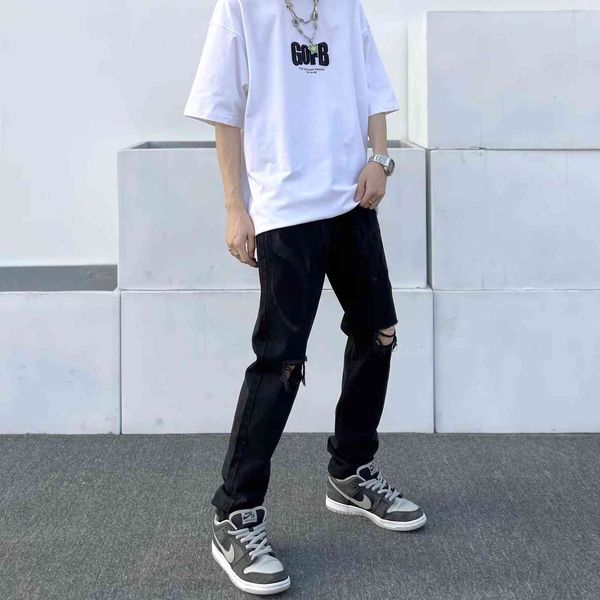 

gofb high street embroidered letters light color perforated jeans thin fashion brand loose hip hop pants men, Blue