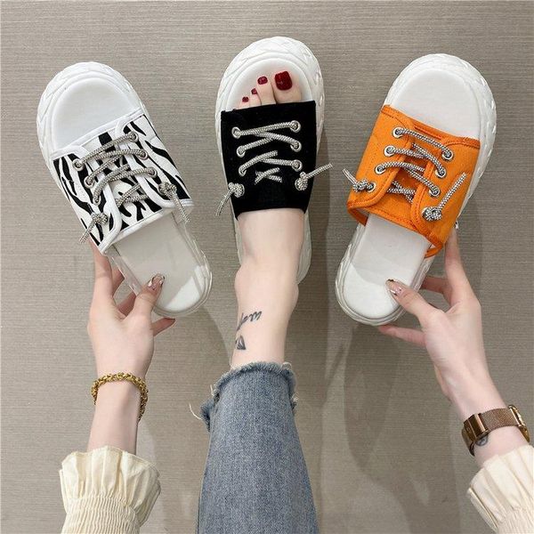 

slippers women summer 2021 canvas shoes ladies platform woman slides designer beach, Black