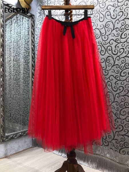 

skirts 100%cotton 2021 spring summer style skirt women bow deco tulle mesh patchwork casual red apricot ball gown, Black