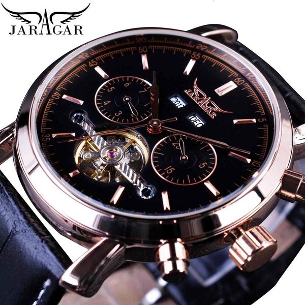 

jaragar rose gold automatic mechanical watches men's tours male calendar display sub dial leather montre homme, Slivery;brown