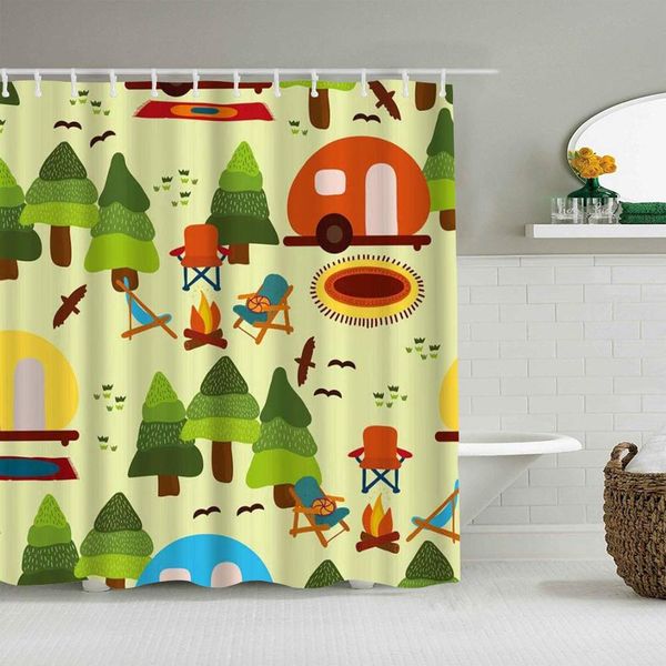

shower curtain camp scene trees caravan camping chairs fire place rugs birds forest nature funny waterproof bath curtains hooks