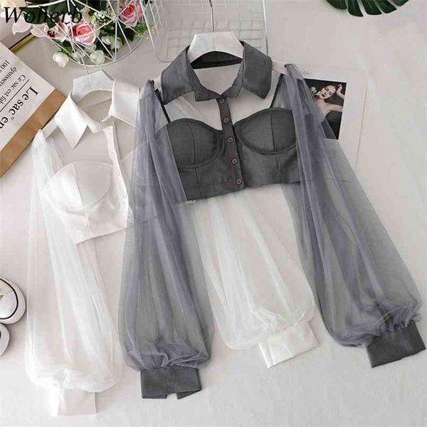 

lady chic women blouses halter backless shirts blusas mujer de moda gauze patchwork lantern sleeve blouse crop 210519, White