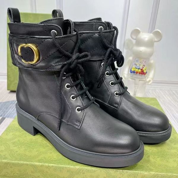 

fashion luxury designer ladies leisure ankle boots printing leather metal button women winter mid heel short boot with box, Black