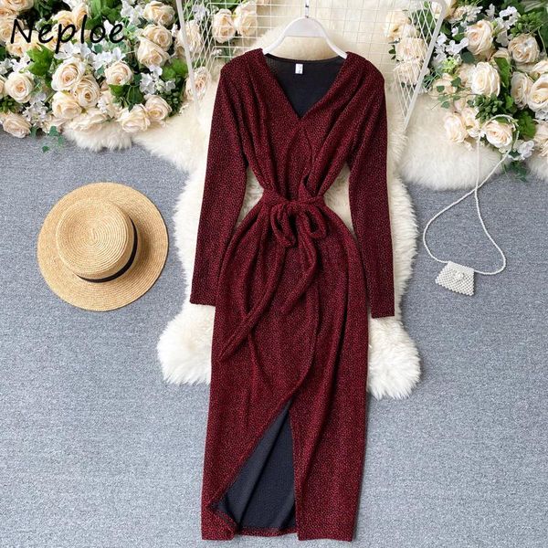 

neploe chic spotted leopard drawstring slim waist dress korean autumn v-neck women dresses elegant a-line split vestidos casual, Black;gray