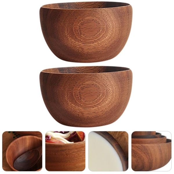 

2pcs wooden salad bowls storage rice for home and restaurant use