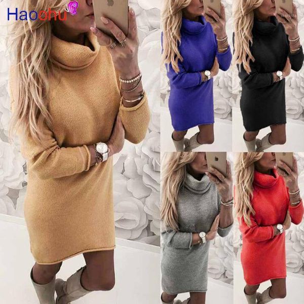 

knitted dress autumn winter women turtleneck long sleeve warm sweater casual solid loose mini dresses vestidos, Black;gray