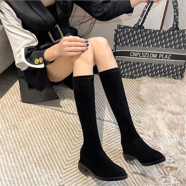 

boots plush women's 2021 winter slim no knee thick heel suede drop black