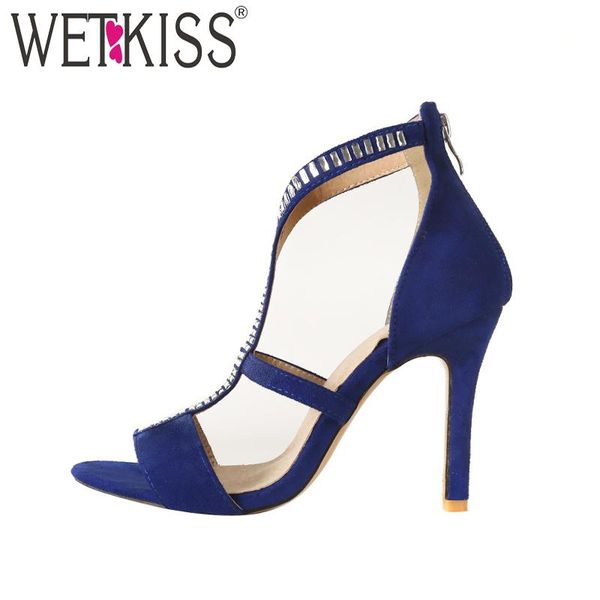 

summer high heels women sandals open toe crystal zipper thin footwear 2021 party ladies shoes super big size, Black