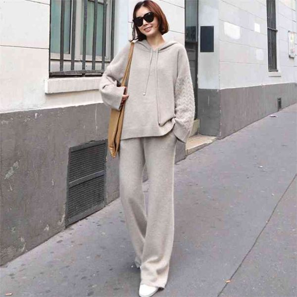 

elegant ladies sweater 2 piece set women fall winter hooded knitted pants fashion suits tracksuit 210514, White