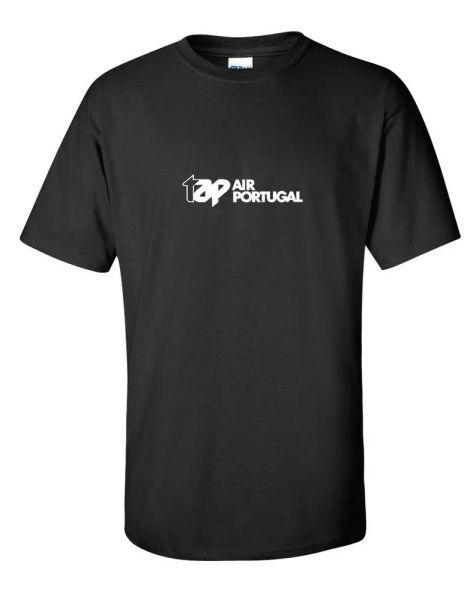 

TAP Air Portugal Vintage White Logo Portuguese Airline Black Cotton T-Shirt, White;black