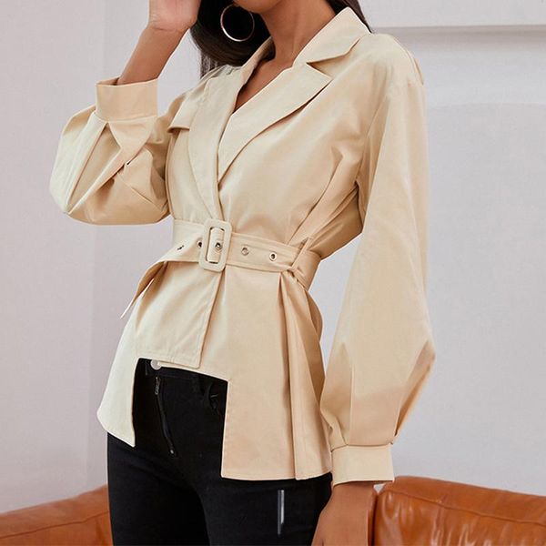 

beige women's belt jacket windbreaker office lady irregular casual long lantern sleeve coat autumn 2021 fashion female jackets, Black;brown