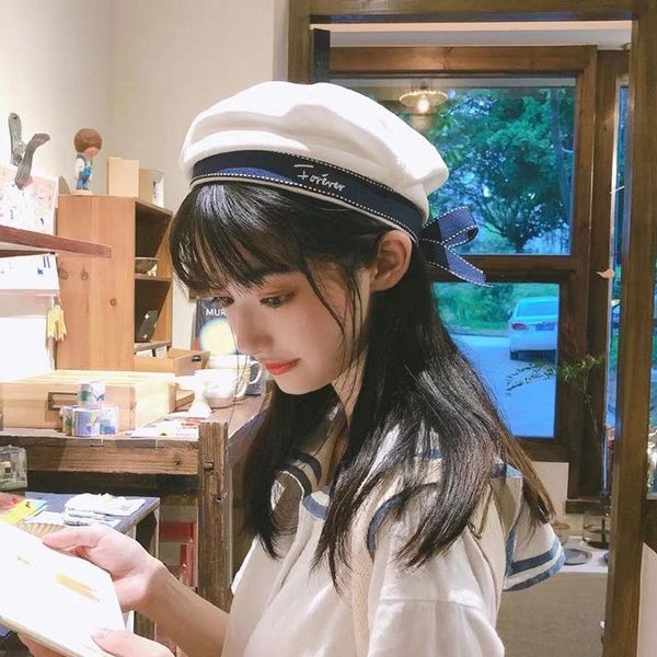 

berets harajuku lolita beret sweet style long tie ribbon bow flat caps female navy hat boinas para mujer fashion lady painter hats, Blue;gray