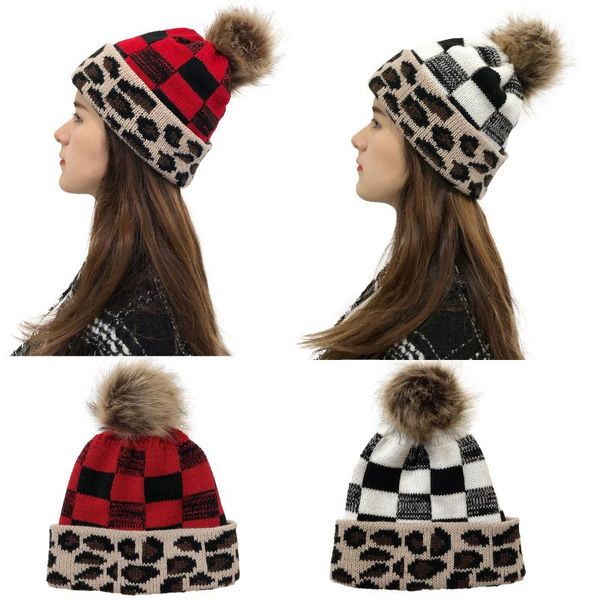 

beanies christmas women's winter hat 2021 detachable wool pompom ball knitted leopard plaid beanie caps warm skullies