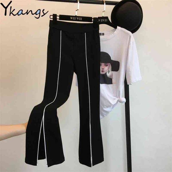

plus size women elastic high waist pants fashion spring stretch long black contrast color white split slim flared trousers 210421, Blue