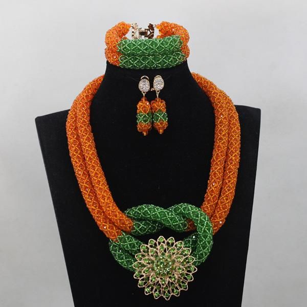 

earrings & necklace romantic african beads jewelry set orange/green crystal nigerian wedding anj066, Silver